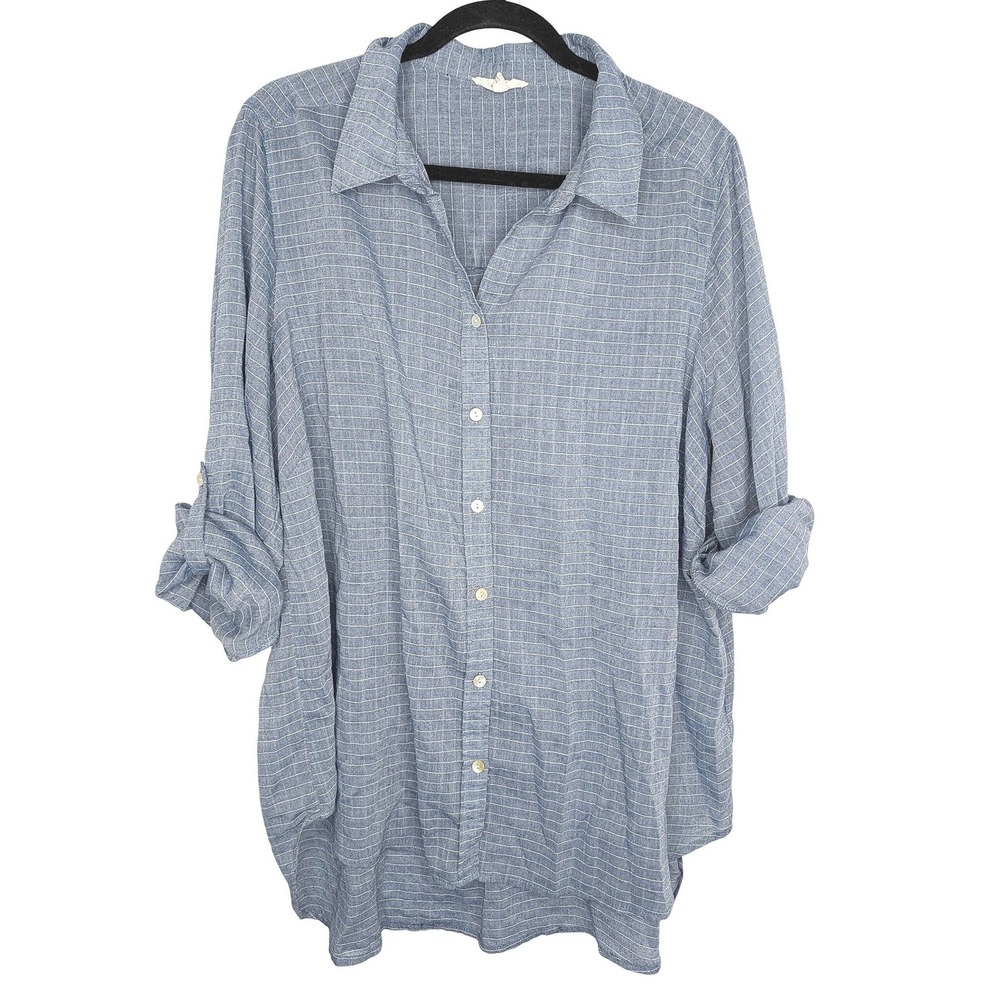 Jane and Delaney Blue White Grid Button Down Shirt Womens 1X Roll Tab Sleeve